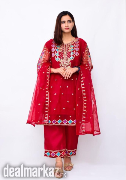 3 Pcs Women's Stitched Fancy Organza Embroidered Suit # 510 photo 2