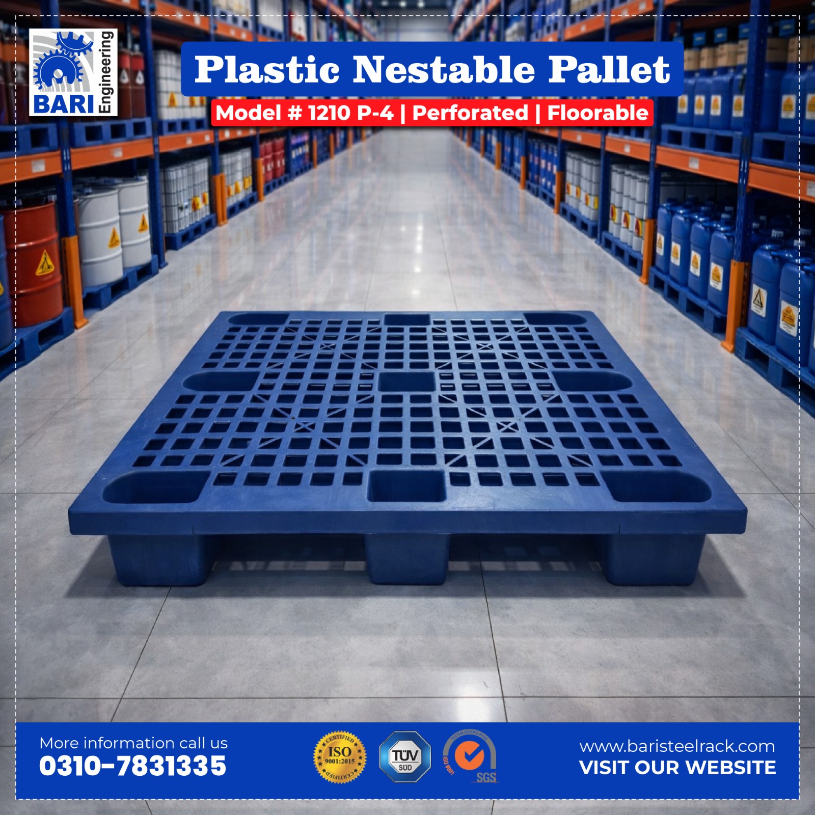 Plastic Pallet 1210 P-4 Perforated Rackable | Bari Engineering