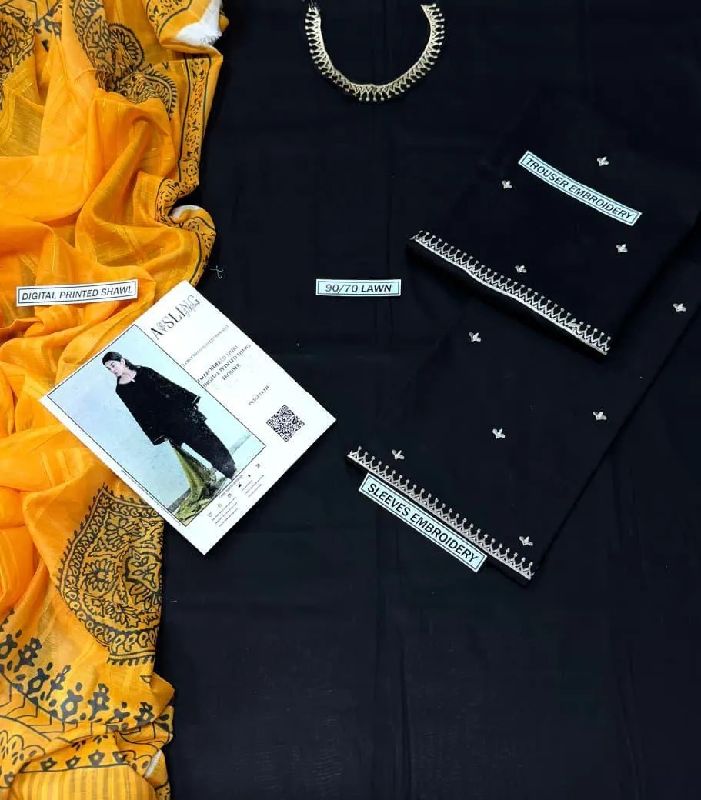 Black Embroidered Lawn Suit with Yellow Dupatta photo 2