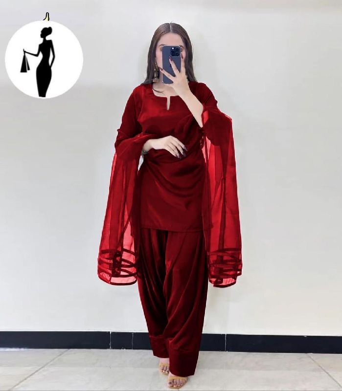 Maroon Shamoz Silk 3Pcs Women Suit With Organza Dupatt photo 3