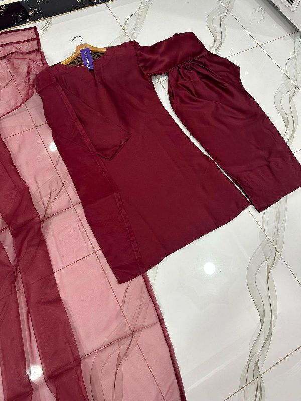 Maroon Shamoz Silk 3Pcs Women Suit With Organza Dupatt