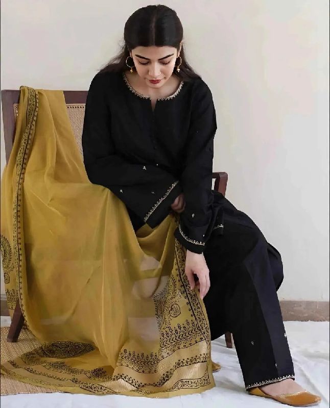 Black Embroidered Lawn Suit with Yellow Dupatta photo 3