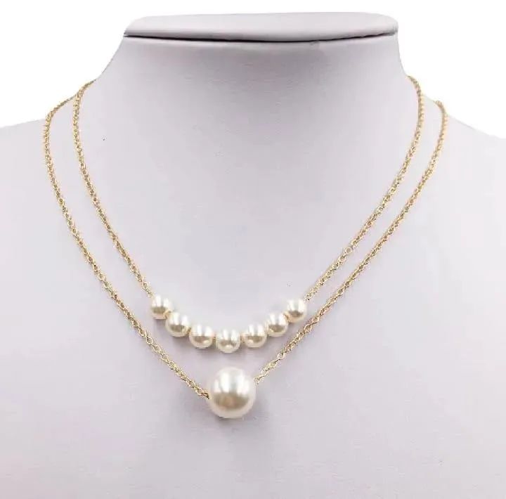 2 Layered Gold Plated Pearl Necklace for Women photo 2