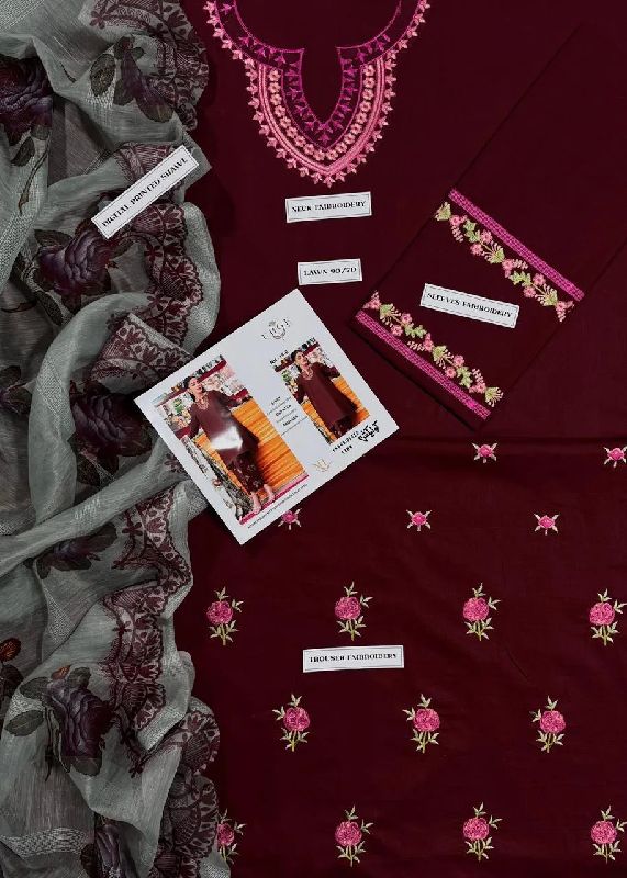 Maroon Embroidered 3 Pcs Women's Lawn Suit photo 3